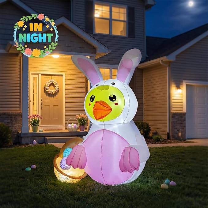 5FT Easter Inflatable Duck with Bunny Ears and Egg Basket, Built-in LED Lighted Blow Up Decoration for Home, Yard, Outdoor, Indoor, Garden, Lawn Easter Inflatables Outdoor Decorations