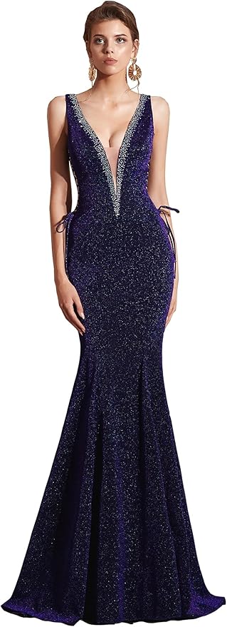 Women's Double V-Neck Sequins Lace-up Mermaid Evening Dress