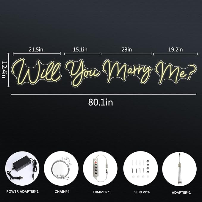 Super Large Neon Signs Will You Marry Me for Wedding Proposal Marry Me Sign Led Neon Light Sign Decor for Engagement Birthday Party Bar Bedroom Wall Art for Wife 80.1X12.4INCH