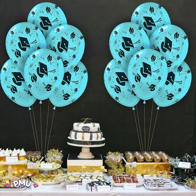 PMU 100 Pcs Turquoise Graduation Balloons Class of 2025 with All-Over Print White Grad Caps-Confetti and Streamers | Graduation Party Supplies | Congratulations Grad Latex Balloons Latex
