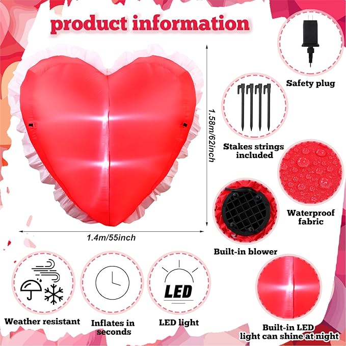 VIHOSE Valentine's Day Inflatable Heart 5 Ft Red Heart Blow up Yard Decorations with LED Light Valentine Romantic Holiday Decor for Indoor Outdoor Holiday Yard Anniversary Wedding Party