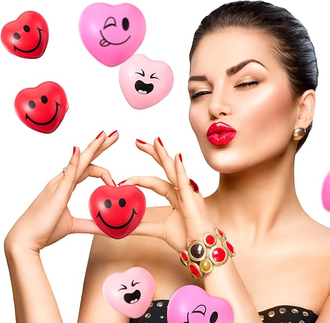 BBTO 150 Pcs Valentine's Day Stress Relief Balls 3 Styles Heart Smile Face Foam Balls Stress Relief Toys Party Favors for Teens Adults Student School Prizes Gift Bag Fillers (Red and Pink)