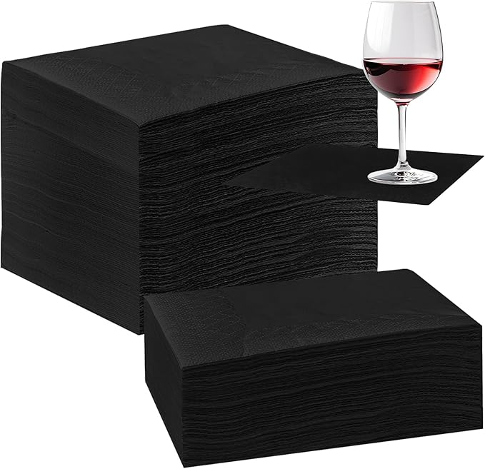 Henoyso 500 Pack 2 Ply Black Cocktail Napkins Bulk 9.8'' x 9.8'' Disposable Bamboo Dinner Beverage Paper Napkins for Wedding Bar Party Birthday Cocktail Holiday Elegant Restaurant Event