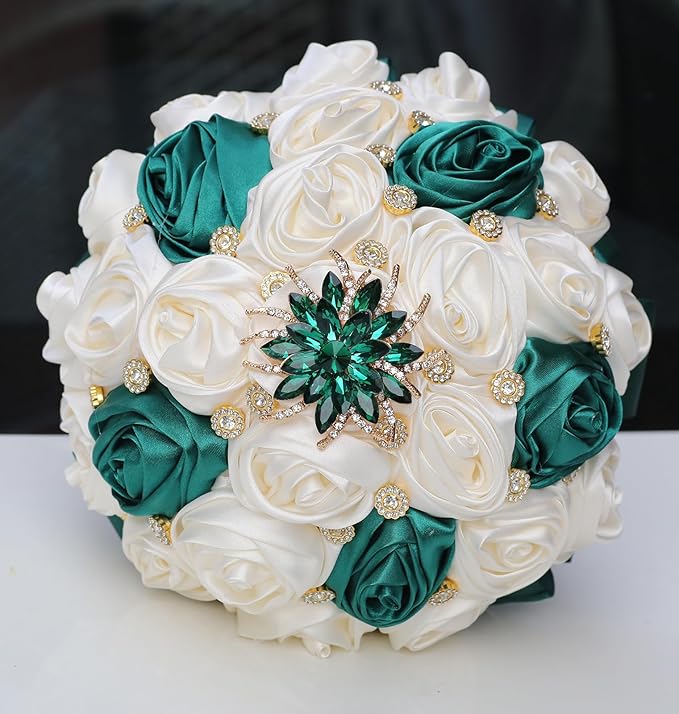Handmade Wedding Bouquets for Bride Bridesmaid Brooch Bouquet Artificial Holding Flower Tossing Bouquet for Wedding Ceremony Anniversary(Ivory/DarkGreen,19cm)