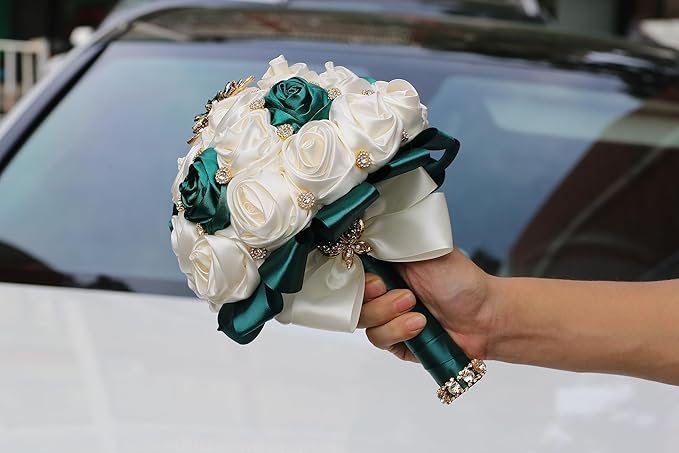 Handmade Wedding Bouquets for Bride Bridesmaid Brooch Bouquet Artificial Holding Flower Tossing Bouquet for Wedding Ceremony Anniversary(Ivory/DarkGreen,22cm)