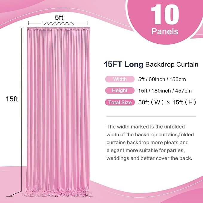 50ftx15ft Baby Pink Wrinkle Free Backdrop Curtain for Parties-Silky Polyester Fabric Wedding Ceiling Drapes-10 Panels 15ft Long Photo Backdrop Drapes for Baby Shower Photography Stage Background Cloth