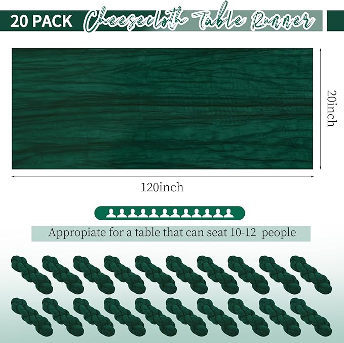 20 Pack Emerald Green Table Runner 10Ft Cheesecloth Table Runner Boho Gauze Cheese Cloth Table Runners Romantic Long Sheer Fabric Table Runners for Wedding Party Bridal Shower