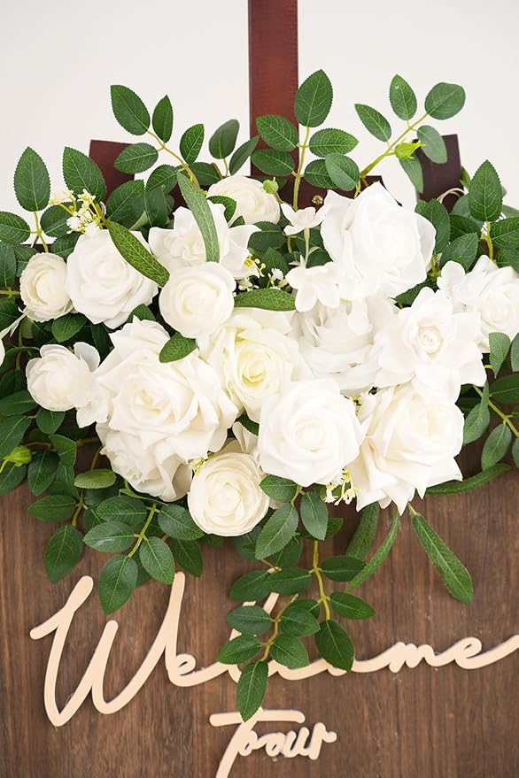 2pcs White & Green Deluxe Welcome Sign Artificial Flowers Wedding Backdrop Garland Hanging Floral Arrangements for Ceremony Reception Entryway Board Sweetheart Table