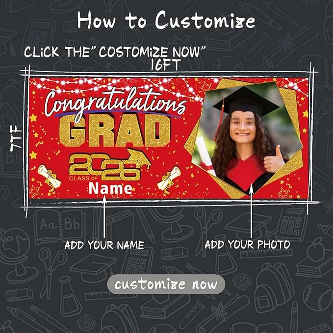 Custom Garaduation Garage Door Banner Cover 16 x 7 ft Class of 2026 Congrats Grad Party Backdrop Personalized Graduation Decoration(Red and Gold)