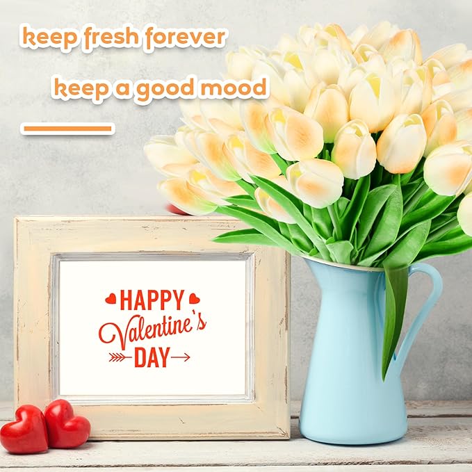 Jexine 100 Pcs Artificial Real Touch Tulips Fake Artificial Tulip Flower Bulk Bouquet with Stem for Table Centerpieces Wedding Bridal Easter Mother's Day Garden Home Decor, 13.4''(Light Champagne)