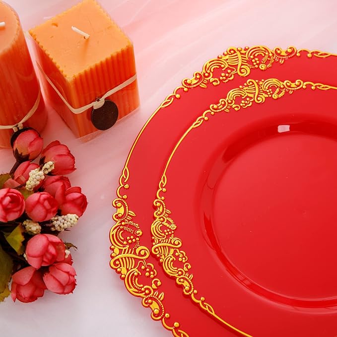 Morejoy 175PCS Red Plastic Plates,Red Disposable Plates With Gold Rim,Red and Gold Plastic Dinnerware Set Includes: 50 Plates,25 Silverware Sets,25 Cups,25 Napkins,Perfect for Party,Wedding,Christmas