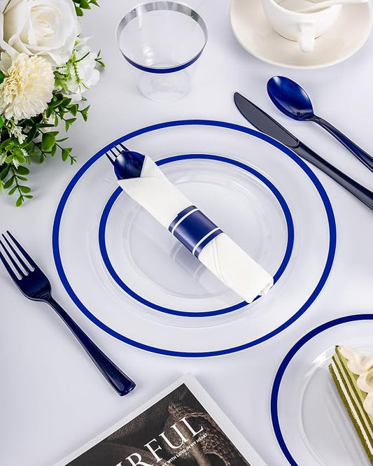 175Pcs Blue Plastic Plates for Party, Disposable Clear Dinnerware Set for 25 Guests, 50 Plastic Plates, 25 Cups, 25 Pre-Rolled Napkins with Cutlery for Party, Wedding, Christmas