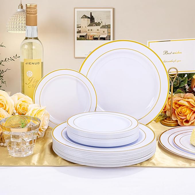 WELLIFE Gold Disposable Dinnerware Set for 100 Guests - 600PC BPA-Free Plastic Plates & Cutlery Kit with 100 Dinner Plates, Salad Plates, Forks, Knives, Spoons & Cups for Party, Catering (Heavy-Duty)