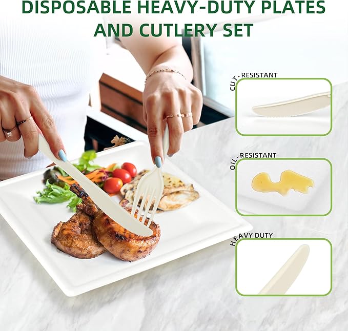 Compostable Paper Plates Set, 300PCS Disposable Heavy-Duty Plate and Utensils, Eco Friendly Biodegradable Dinnerware Kit Includes Plates, Forks, Knives, Spoons and Napkins for Party 50 People