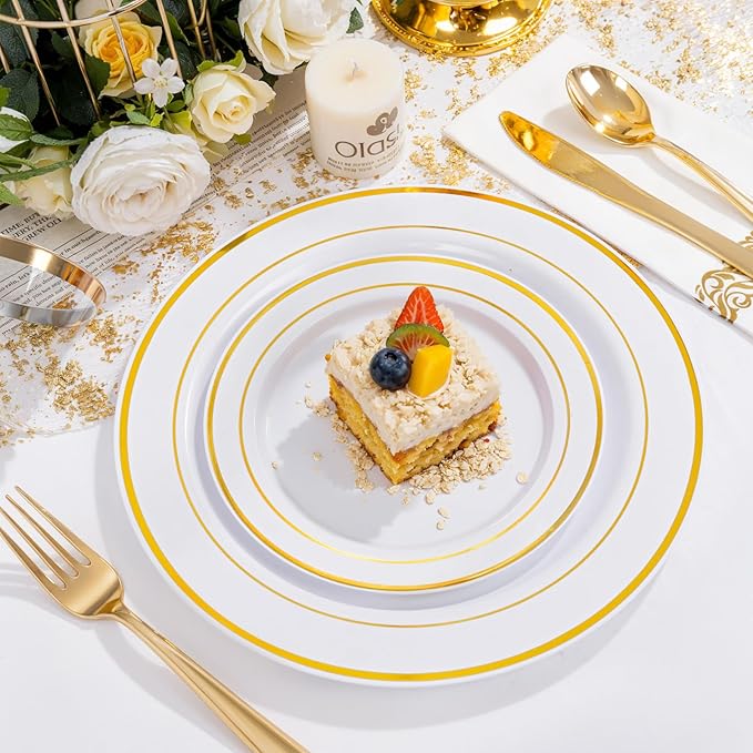 NOCCUR 700PCS Gold Disposable Dinnerware Set for 100 Guests - Include 200 Gold Dinner/Dessert Plates, 100 Napkins, 100 Cups, 300 Plastic Silverware for Wedding/Party/Thanksgiving