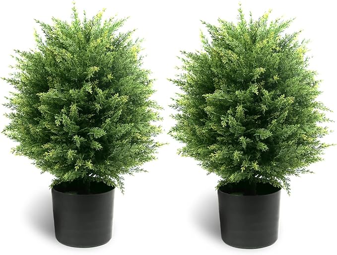 Sunnyglade 19.7” Tall Artificial Cedar Topiary Ball Tree Set of 2 Pack Potted Bushes UV Resistant Potted Plants for Indoor Outdoor Home Garden (Dark Green)