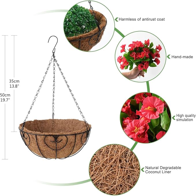 Homsunny Artificial Fake Hanging Flowers Plants with Basket for Outdoor - Fake Petunias Flowers Fake Silk Morning Glory Planter for Outside Porch Patio Balcony Garden Spring Summer Decor(Rose red)