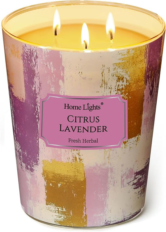 HomeLights Scented Candles | Large Jar 34 Oz Natural Soy Candle | 130 hrs Long-Lasting with 3 Wicks | Scandinavian Minimalist Home Decor | Gifts for Mom & Women, Citrus Lavender