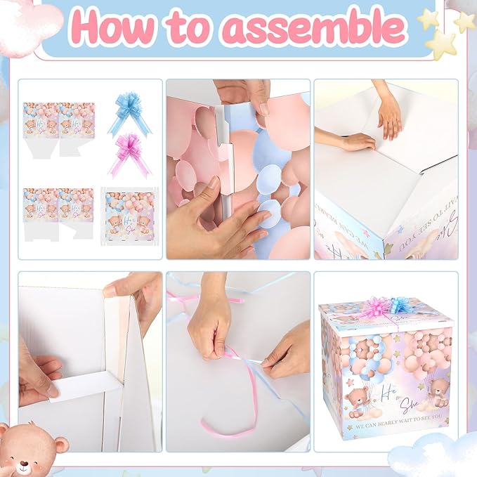 AmazingSpark 28in Jumbo Gender Reveal Gift Box Kit with Oversized Box Giant Pull Bows for Gender Reveal Baby Shower Birthday Party Decor (Boho Teddy Bear)