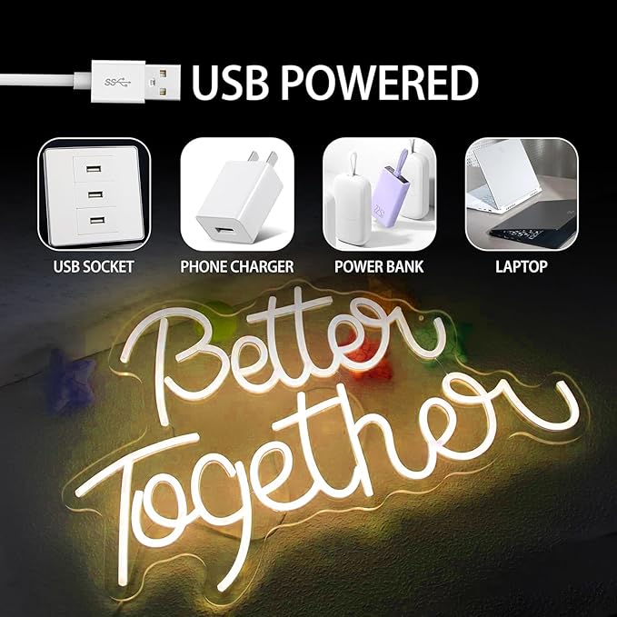 Better Together Neon Sign for Party Decoration Better Together LED Signs Neon Lights Sign for Teen Bedroom Backdrop Wall Decor Reunion Gifts Photo Prop USB 21.7x13.8 Inch (warm white)