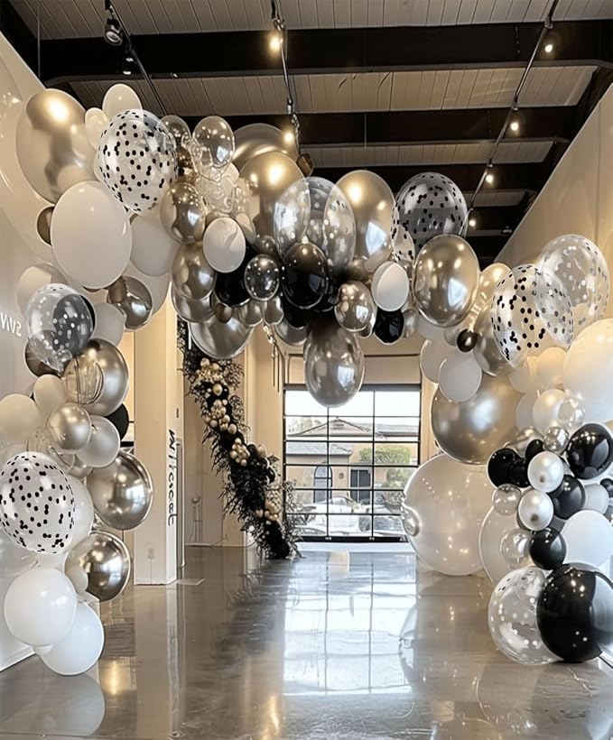 300 Pcs Black Silver Confetti Balloons Set Lncludes 12 inch Black White Silver and Confetti Balloon for Birthday Party Supplies Wedding Graduation Decorations