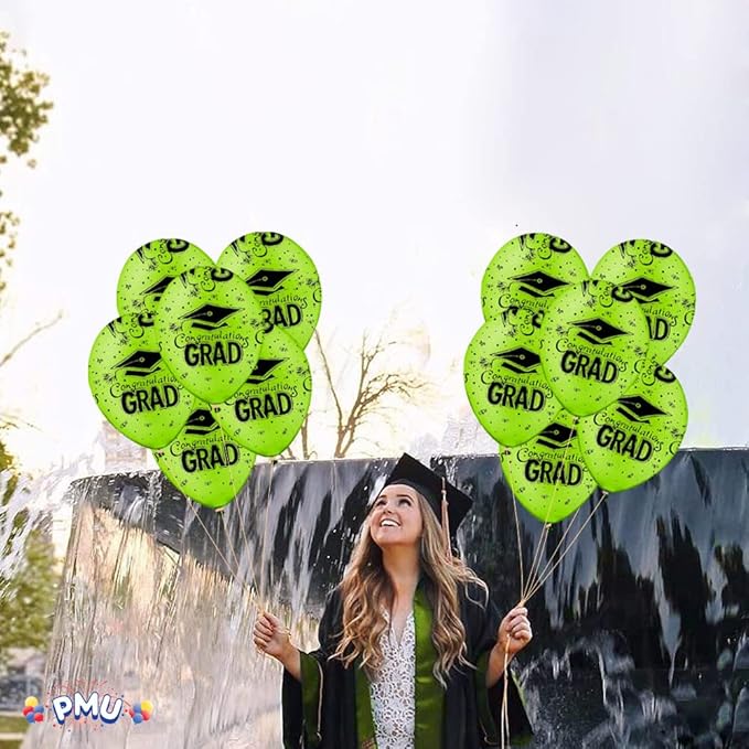 PMU 100 Pcs Lime Green Graduation Balloons Class of 2025 with All-Over Print White Grad Caps-Confetti and Streamers | Graduation Party Supplies | Congratulations Grad Latex Balloons Latex