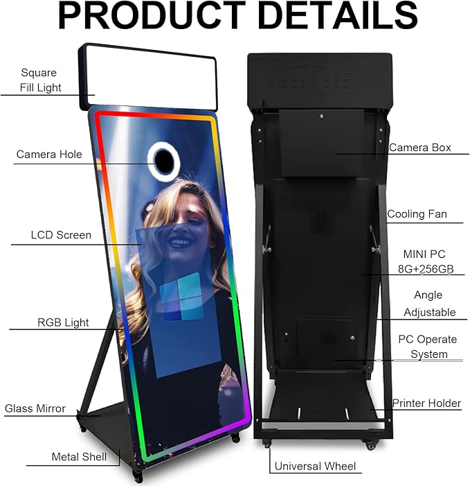 Magic Mirror Photo Booth,Mirror Photo Booth Interactive Touch Screen with Flight Case, Built-in Mini PC with Instant Print and Sharing for Event Party Wedding Rental (Black, 32''Screen+Camera)