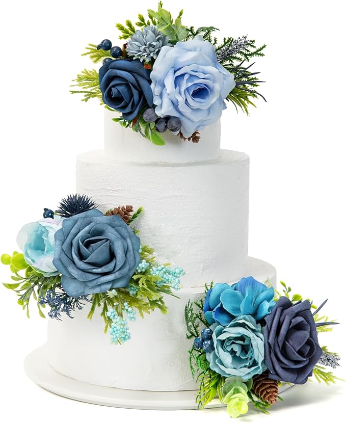 TINGE TIME 3Pcs Wedding Cake Topper Pre-made Set, Navy Blue Artificial Wedding Cake Flower for Reception & Anniversary, Silk Floral Wedding Toppers for Cake, Valentines Cake Topper Decorations