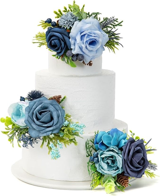 TINGE TIME 3Pcs Wedding Cake Topper Pre-made Set, Navy Blue Artificial Wedding Cake Flower for Reception & Anniversary, Silk Floral Wedding Toppers for Cake, Valentines Cake Topper Decorations