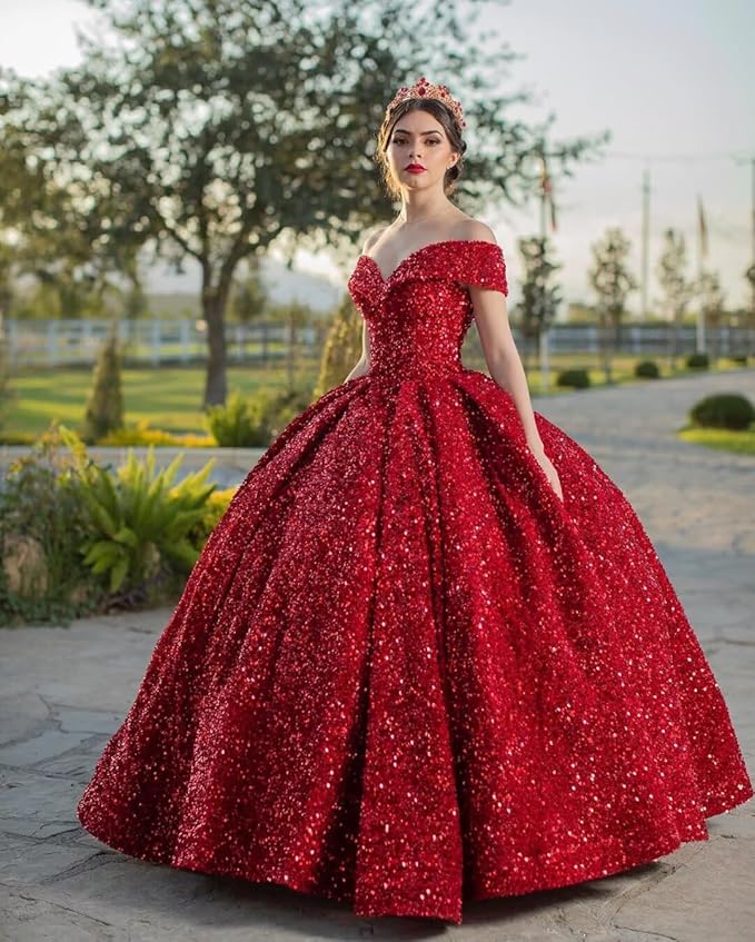 TRHTX Sparkly Sequin Quinceanera Dresses 2024 Off Shoulder Ball Gown Long A-line Sweet 16 Dresses