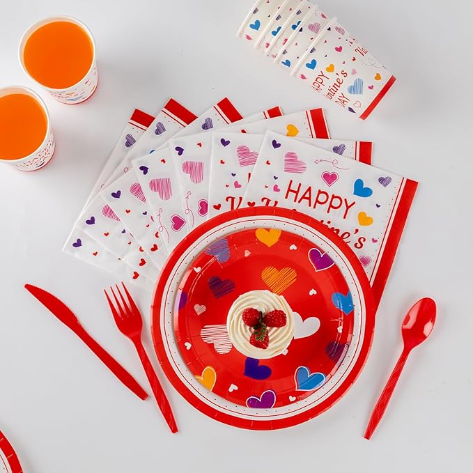 350PCS Valentine's Day Party Supplies for 50 Guests-Valentine's Day Party Decorations Include Disposable Paper Plates, Napkins, Cups, Tableware