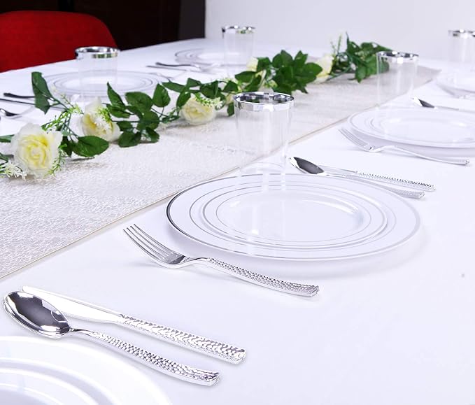 Supernal 360pcs Silver Plastic Cutlery,Elegant Plastic Silverware,Silver Hammed Silverware,Disposable Flatware,Include 120 Forks,120 Knvies,120 Spoons,Perfect for Birthday,Party,Wedding