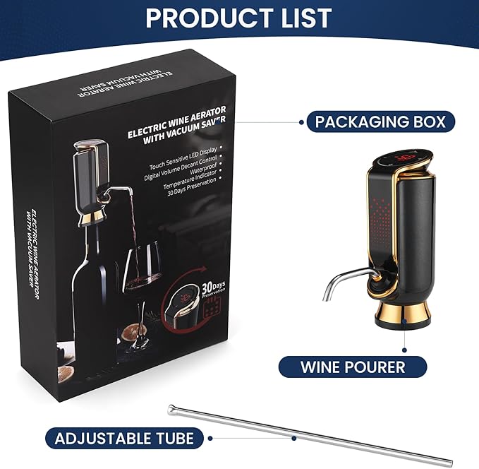 Luxurious 4-in-1 Electric Wine Aerator, Decanter, Dispenser & Vacuum Saver with LED Display - Wine Pourer Gift for Women and Wine Lovers