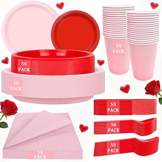 MirthMood 350PCS Valentines Plastic Plates For Party, Valentines Disposable Plates Set, 50 Of Each Dinner Plate Set, Dessert Plate, Cups, Napkins & Cutlery Plastic Dinnerware for Valentine's Day