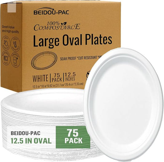 Compostable Heavy Duty Disposable Oval Paper Plates, 75 Count | 12.5 Inch | Natural Bagasse, Biodegradable Eco-Friendly Sugarcane BBQ, Party, Gathering, Picnic White Sugarcane Tray