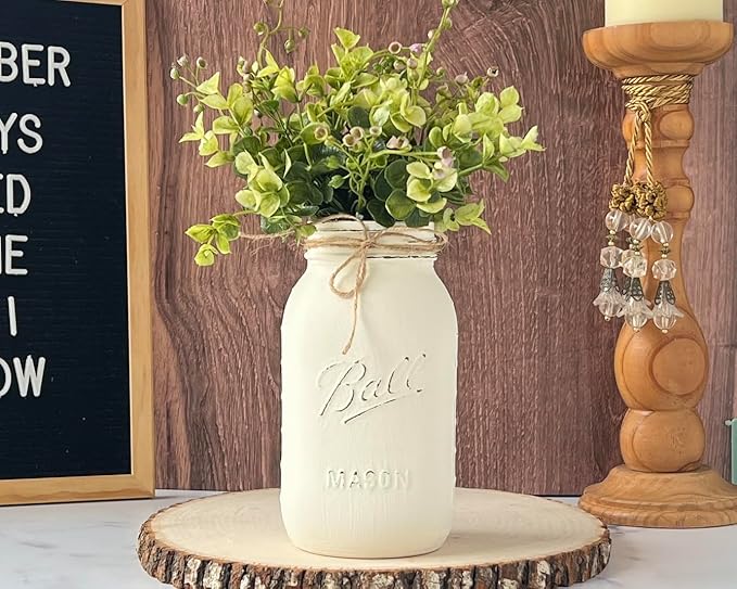 Centerpieces for Bridal Shower - Ivory Mason Jars Centerpieces for Tables, Set of 5-32 oz Hand-Painted Mason Jars for Wedding Centerpieces - Rustic Bridal Shower Centerpieces (5 Ivory w/Greenery)