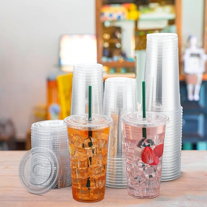 Hushee 500 Sets 16 oz Clear Plastic Cups with Lids and Individually Wrapped Straws Disposable Pet Cups for Iced Coffee Cold Drinks Smoothie Juice Parfait Milkshake Parties