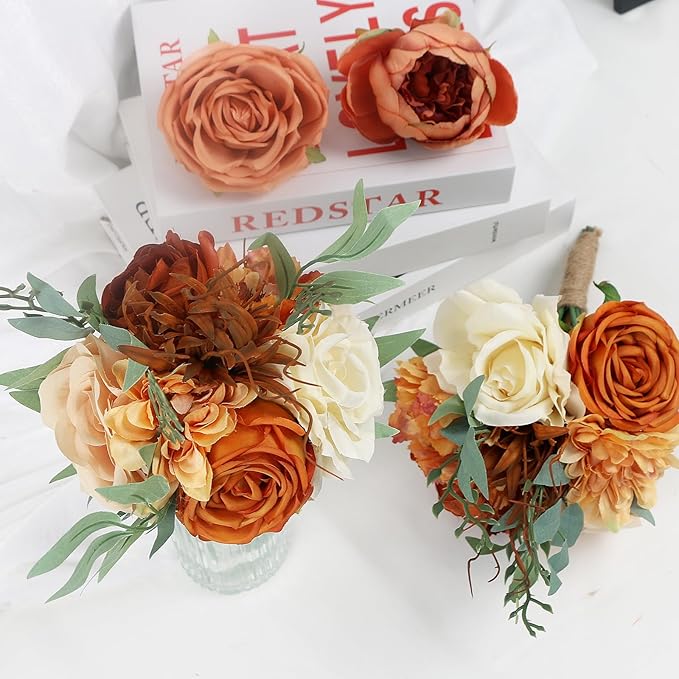 Bridesmaid Bouquets for Wedding - Set of 4 Artificial Flowers Small Bouquet for Fall Marriage Proposal Party Ceremony Anniversary Dining Table Centerpieces - Burnt Orange, 7 Inch