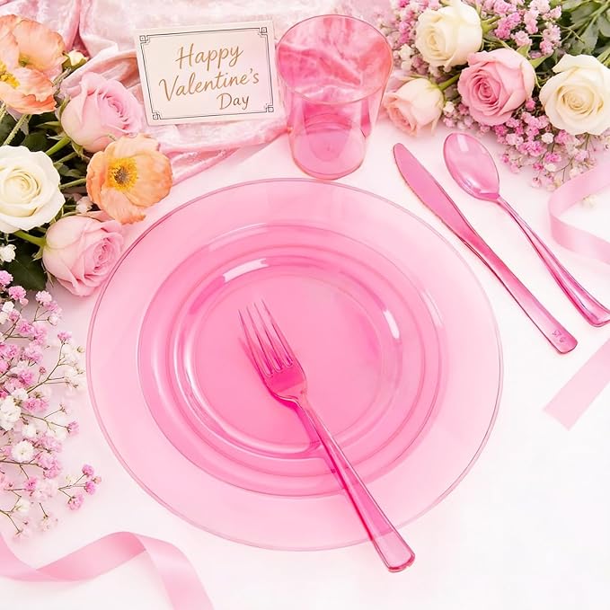 WDF 25 Guest Pink Plates with Pink Plastic Silverware&Pink Cups-Neon Clear Disposable Dinnerware include 50 Plates,25Forks, 25 Knives, 25 Spoons,25 Plastic Cups for Party and Baby Shower