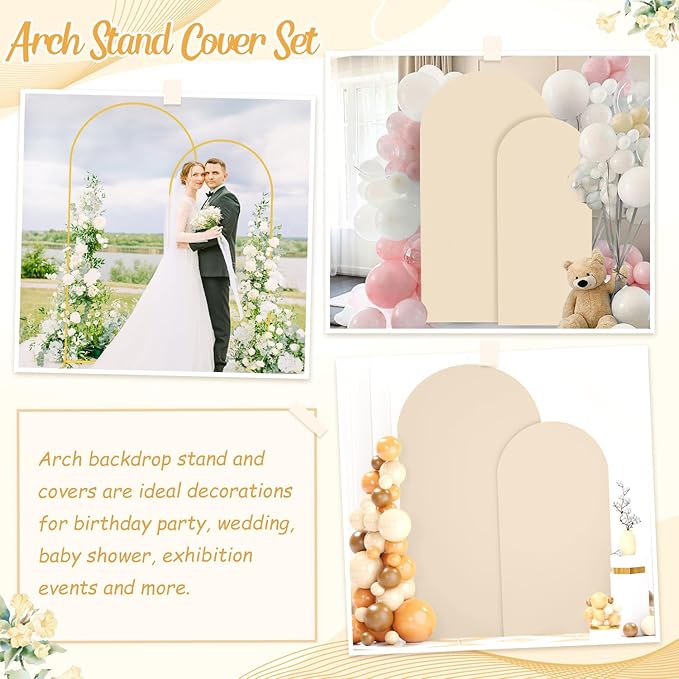 6FT 7.2FT Metal Arch Stand and Cover Set of 2 Beige Arch Stand Cover for Round Top Stands for Bridal Baby Shower Spandex Arch Stand Cover for Birthday Party Wedding Ceremony Decorations