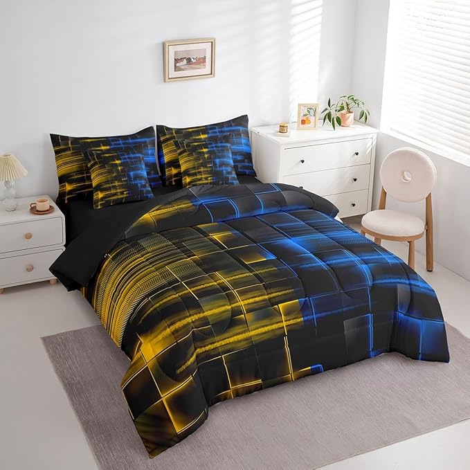 Feelyou Blue and Yellow Comforter Set with Sheets 7 Piece Queen Size Kids Geometric Bed in a Bag Strip Lines Bedding Set Abstract Art Bed Set with Comforter, Sheets,Cushion Covers