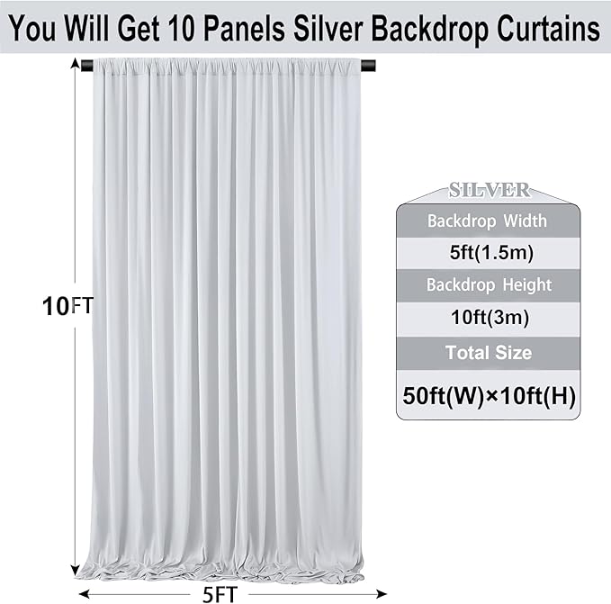 50ft×10ft Silver Wrinkle Free Backdrop Curtains for Parties, 10 Panels 5×10ft Soft Silky Polyester Light Gray Photo Backdrop Drapes for Wedding Birthday Baby Shower Party Photography Decor