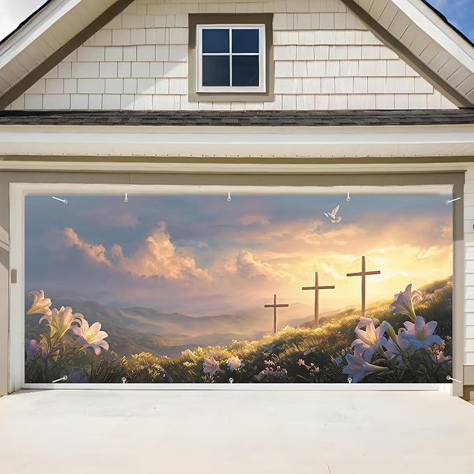 Easter Cross and Lilies Garage Door Banner 7x16FT, Religious Easter Decoration with Crosses and Lilies, Outdoor Spring Holiday Decoration for Yard and Garage