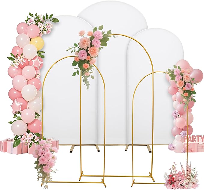 Metal Arch Stand with Spandex Covers, Set of 3, Wedding Party Decorations (White, 7.2FT 6.6FT 6FT)