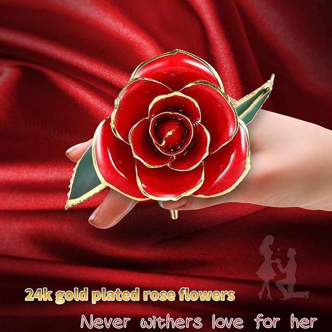 Valentines Day Gift Rose,24k Gold Real Rose Gift for her and Great Valentines Gift for her Rose, red Rose with Stand