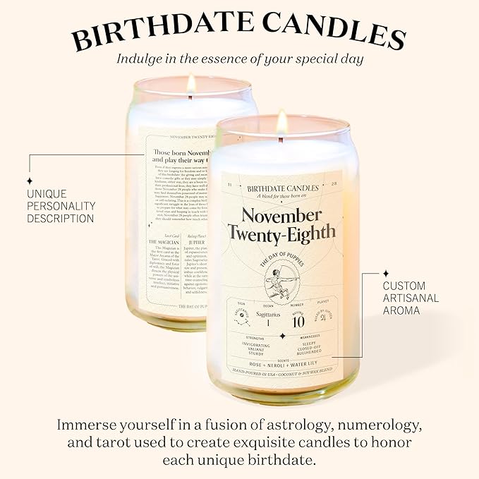 Birthdate Candles, November 28 - Sagittarius Zodiac Scented Candles Birthday Gift - Rose, Neroli & Water Lily Scent - All-Natural Soy & Coconut Wax, 60-80 Hour Burn Time - Made in USA