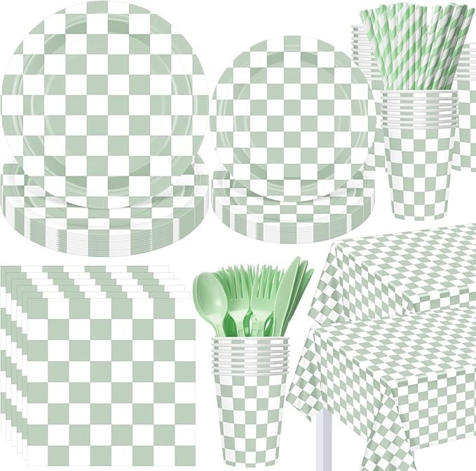 452 Pcs Sage Green Gingham Party Supplies for 50, Light Green and White Checkered Gingham Paper Plates Napkins Cups Tablecloth Cutlery Straw for Picnic Birthday Baby Shower Decoration