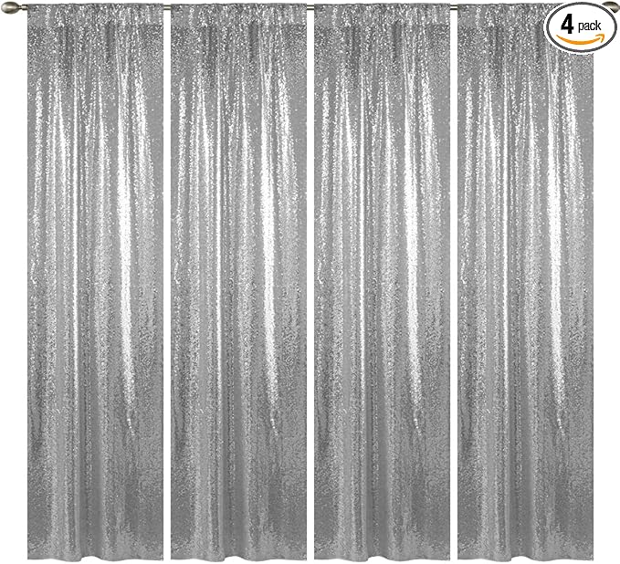 Silver Sequin Backdrop Curtain - 4PCS (2FTx8FT) Glitter Photo Background for Wedding, Christmas, Party, Baby Shower & Stage Decorations (Silver, 2x8ft 4 Panels)