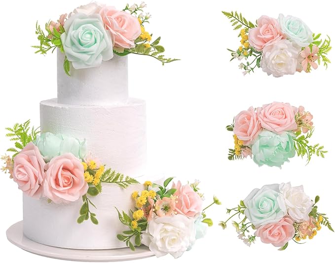 TINGE TIME 3Pcs Pre-made Cake Toppers，Silk Artificial Flowers Decor，Cake Decorations for Weddings, Birthdays, Party,Baby Shower,Celebration (Mint Green and Pink)