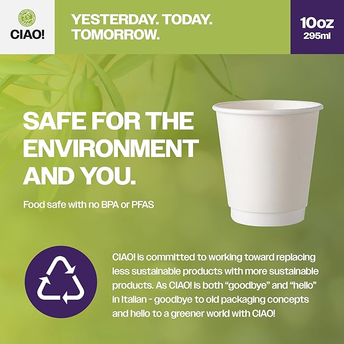 CIAO! 10 oz Insulated Double Wall White Paper Hot Cup, 90mm Diameter, 500 Count